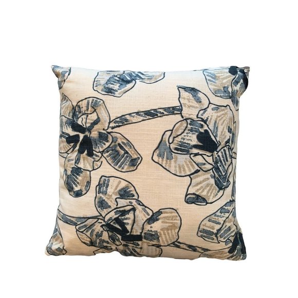 Set of 2 Accent Throw Pillows Blue Cream Floral 18" Square - Picture 4 of 7